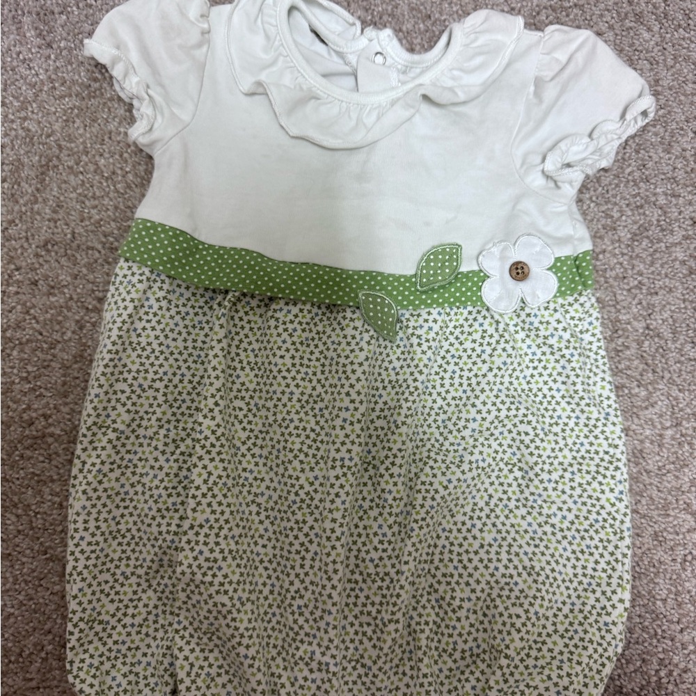 White and Green Baby romper with Floral Pattern